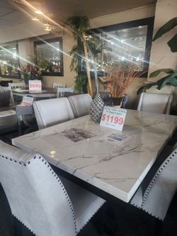 Brand New Marble-Top Dining Table with 6 Upholstered Chairs