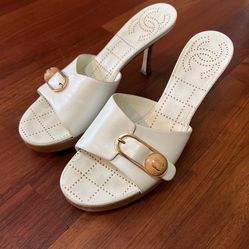 Vintage Chanel, Wood Sole & Heel, White Gold Accents