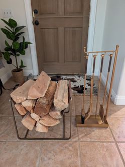 Fire place tools, Wood rack, and Wood