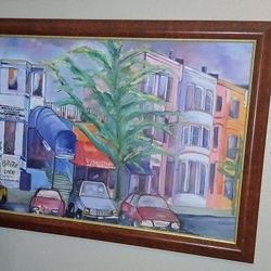 Framed Painting Of City Trendy Cafe Row District 