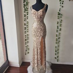 Stunning champagne gold sequin maxi dress with corset top/ SIZE SMALL