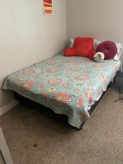 Complete Full Bed: Full-size Mattress, Foam Mattress Topper, Box Spring, Bed Frame w/ wheels