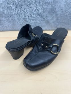 Clarks Black Leather Mules with Block Heel Gold Buckle Detail Classic