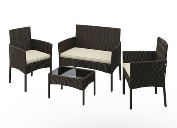 Patio Furniture Set 4 Pieces Conversation Sets, Rattan Chair Wicker Set Loveseat with Soft Cushion and Glass Table for Backyard Porch Garden Poolside 