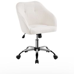 Boucle Desk Vanity Chair with Back Comfy Fluffy Swivel Office Chair with Wheels Adjustable Height Tilt Angle for Bedroom Ivory
