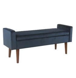 Navy velvet midcentury-style storage bench