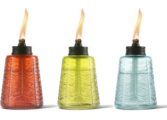 TIKI Molded Glass Decorative Tabletop Torches (Set of 3) – Red, Green & Blue Outdoor Lighting for Lawn, Patio & Garden | Weather-Resistant | Includes 