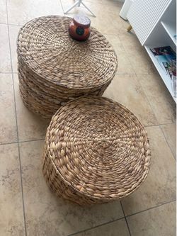Set of 2 Handwoven Water Hyacinth Side Tables / Boho Accent Tables