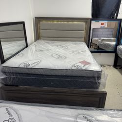 Queen LED Embedded Headboard W/ Mattress And Box