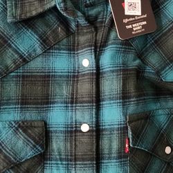 Men's Large Teal And Black Pearl Snap Levi's Plaid Shirt