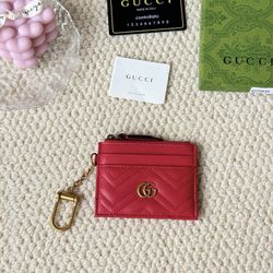 Gucci Gold GG Logo Leather Card Holder Red