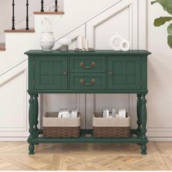 Farmhouse Console Table with 2 Drawers and 2 Cabinets, Sofa Table with Open Storage Shelf, Vintage Entryway Table for Entryway, Living Room, Hallway, 