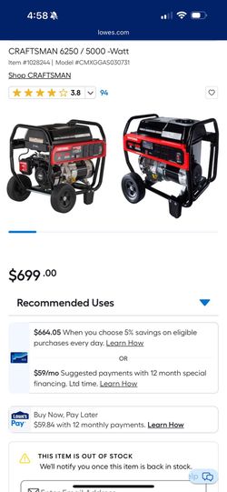 CRAFTSMAN 6250 / 5000 -Watt Gas Generator