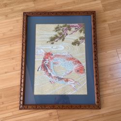 Hand Embroidered Carp Decorated Frame 26”x20”