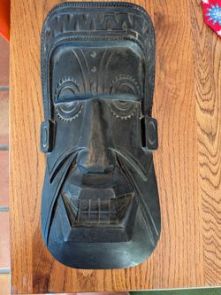 Vintage retro hand carved wooden tiki mask, tiki bar wall hanging