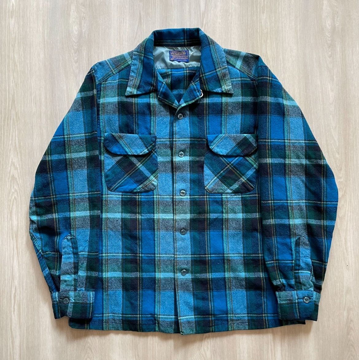 Vintage Pendleton Wool Flannel Board Loop Collar Flap Pocket Plaid Shirt  Mens Medium 