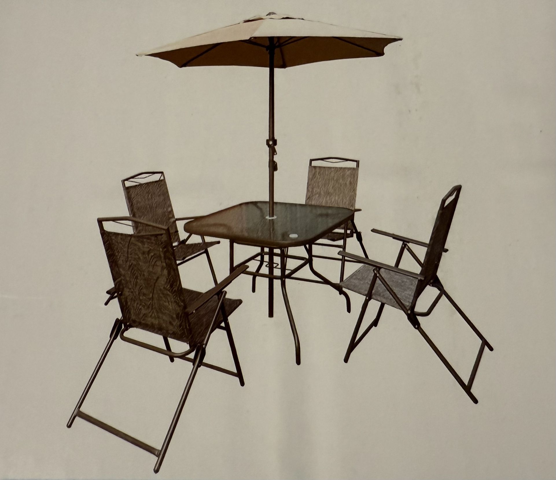New 6 piece patio set, Four fold chair , table And umbrella