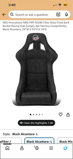NRG Innovations NRG-FRP-302BK Fiber Glass Fixed Back Bucket Racing Seat (Large), 4pt Harness Compatibility, Black Alcantara, 24"W X 35"H X 18"D