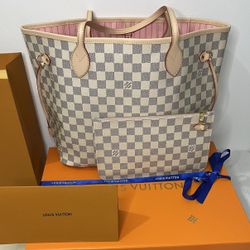 New Authentic Louis Vuitton Damier Azur Rose Ballerine/Pink Interior MM Neverfull Handbag  