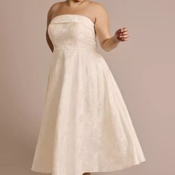 Strapless Floral Jacquard Tea Length Dress