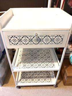 White Metal vanity rolling  Cart lacy pattern with Drawer