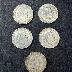 5 Nederland 1 Gulden Silver Coins