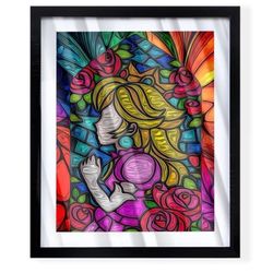 Princess peach stained glass window art piece on black frame