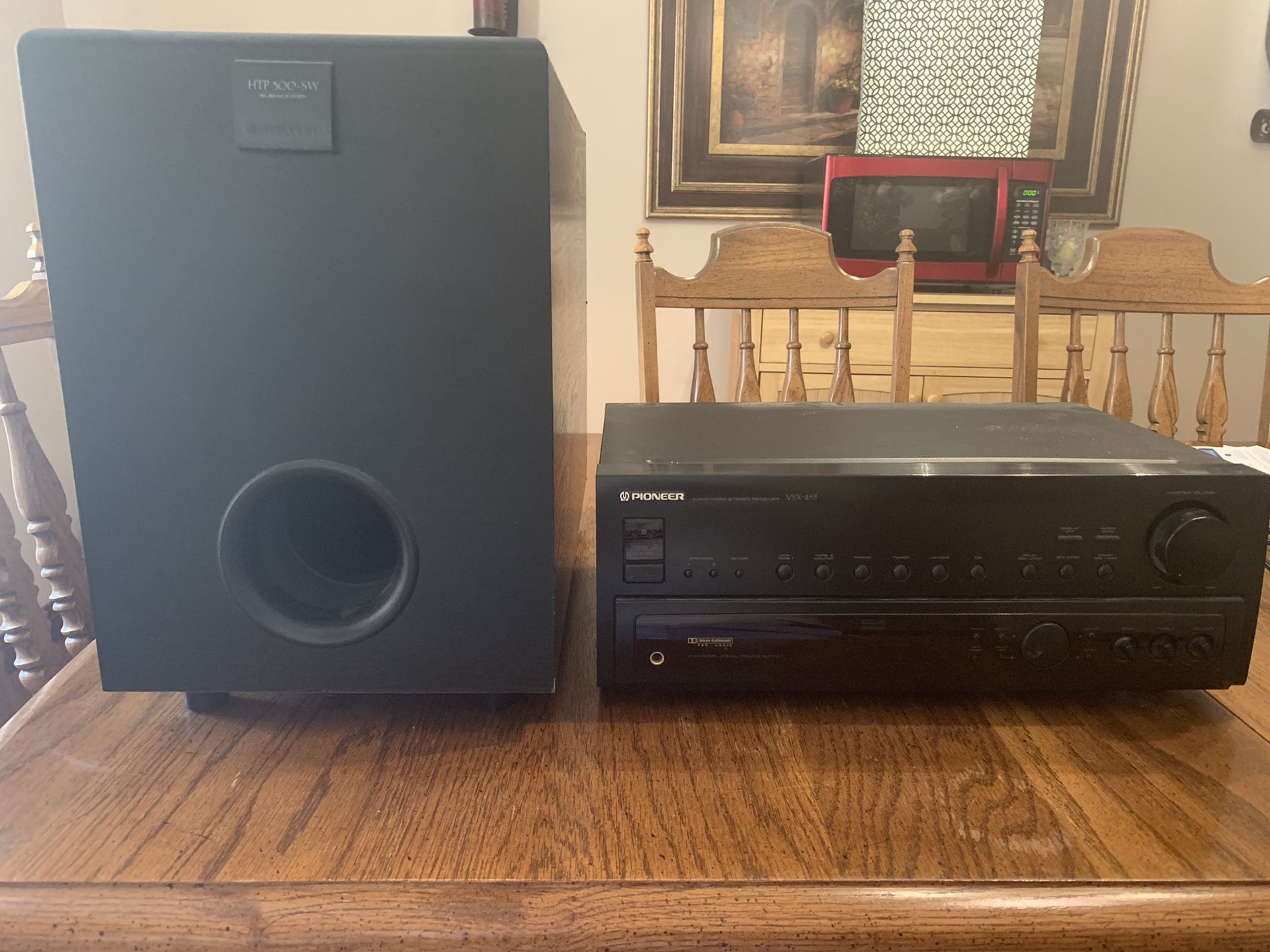 Vintage 1996 Pioneer VSX - 455 Dolby Pro Logic 5.1 Surround Sound Audio/Video Stereo Receiver & Pioneer HTP 300-SW subwoofer.