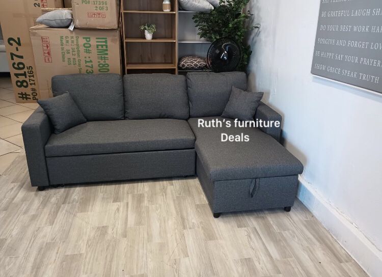 Grey Linen Sectional Sofa W/ Pullout & Storage Chaise