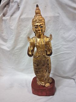 Vintage Burmese Mandalay Style Gilt Wood Standing Figure Glass Inlay 24” Tall