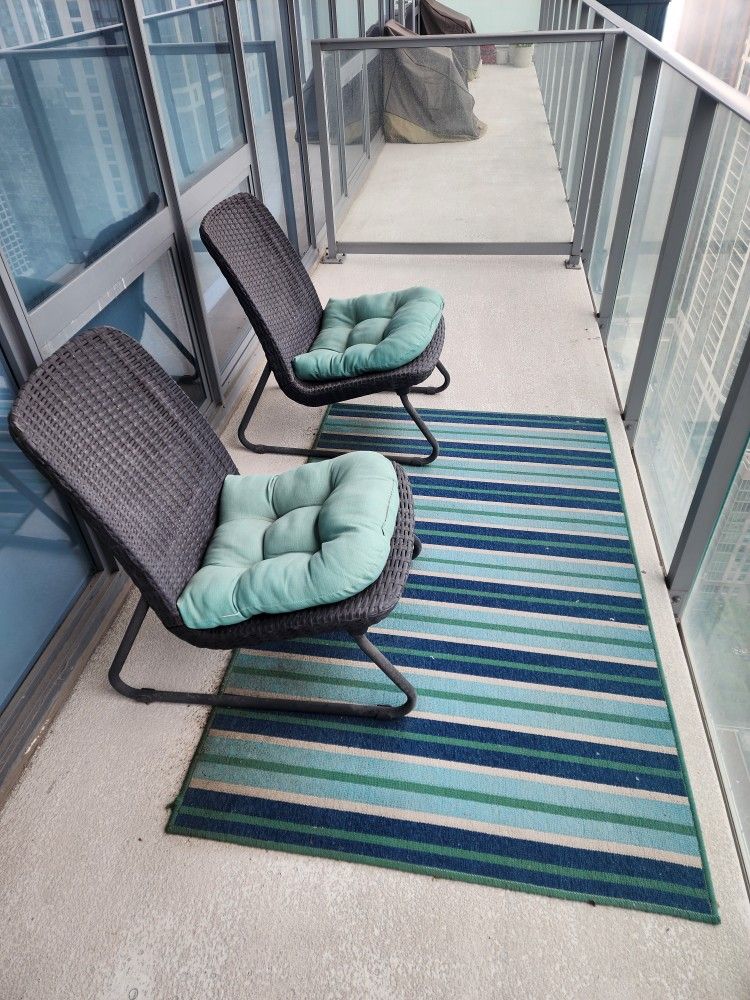 Two Patio Chairs + Patio Coffee Table + Rug