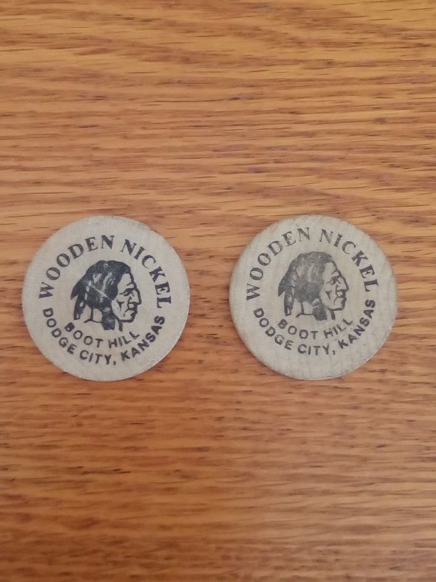 Vintage American Indian Head Wooden Nickel, Boot Hill, Dodge City, Kansas, Set of 2