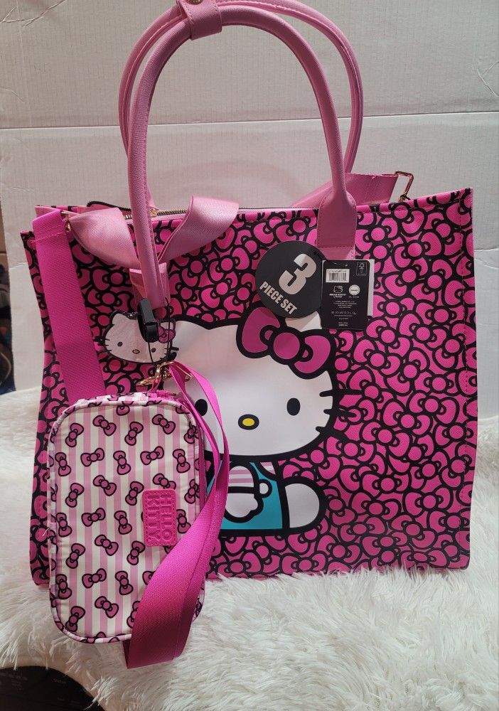 HELLO KITTY Travel Tote Crossbody Bag Luggage Tag 3 Piece Set Pink Bow Brand New