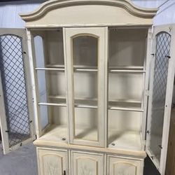 Lighted French Provincial Style Painted China Cabinet with Glass Doors