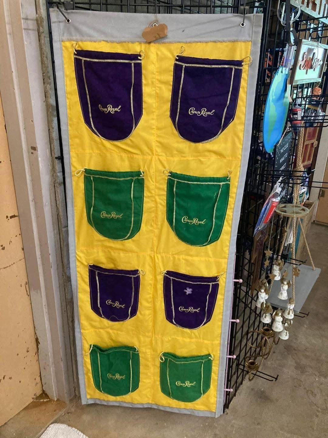 handmade with real crown Royal bags wall hanging organizer, can fit bottles or shoes or many other items, super cute, flask not included