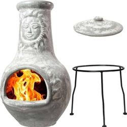 Clay Chiminea Outdoor Fireplace 32 Inch Terracotta Wood Burning Patio Fire Pit