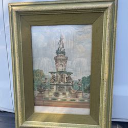 Antique Majolica Fountain Chromolithograph Wood Frame