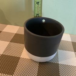 New 3 Inches Tall & Round  White/ Gray Glazed Ceramic Flower Pot W/ Grooved Accents Around, Has Drain Hole