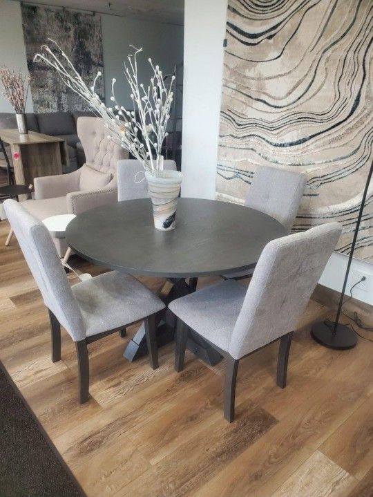 Modern 5-piece Round Dining Table Set with Cross-Buck Dining Table, Upholstered Chairs