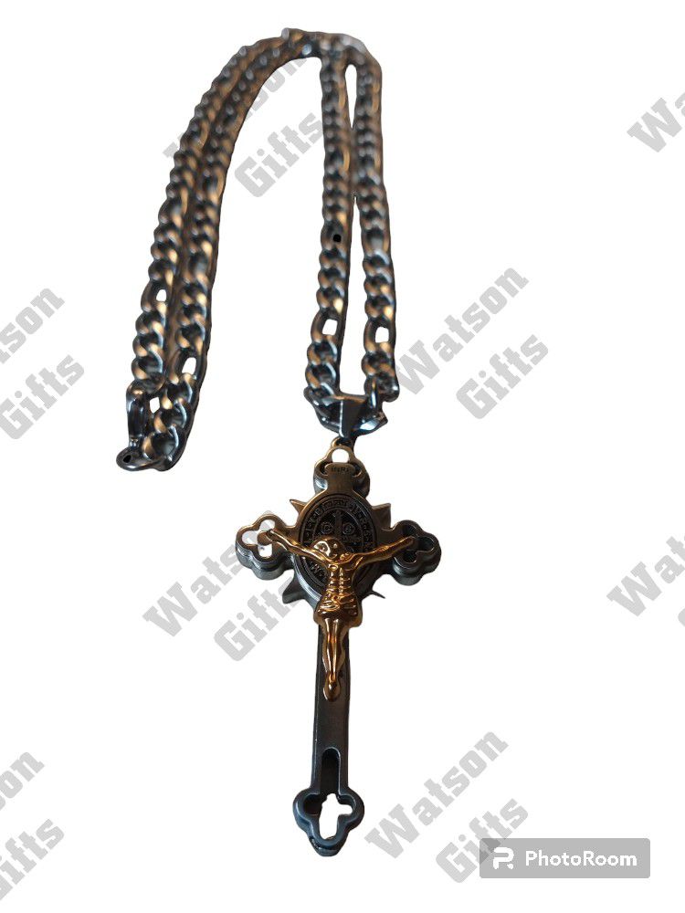 St. Benedict Crucifix Titanium Gold Silver Tone With 24 Inch 5mm ChaiSilver &Gold Tone Available In Gold Tone 

Retail $38.99


