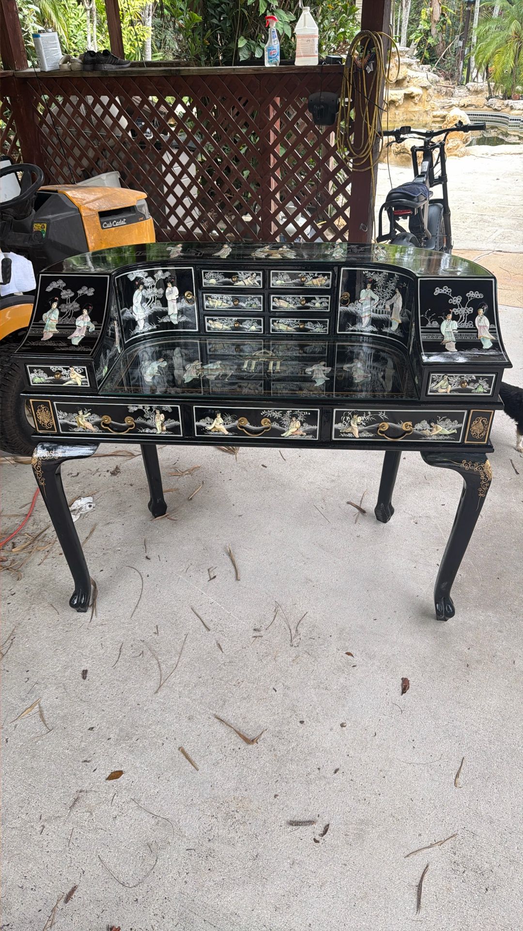 Antique Chinese Black Lacquer Desk With Mother Of Pearl Inlay