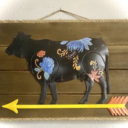 Black Tin Cow Floral Wood Planks Folk Art Farmhouse Rustic Wall Decor