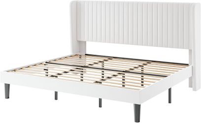 SHA CERLIN King Size Velvet Bed Frame with Shelf, Station. White