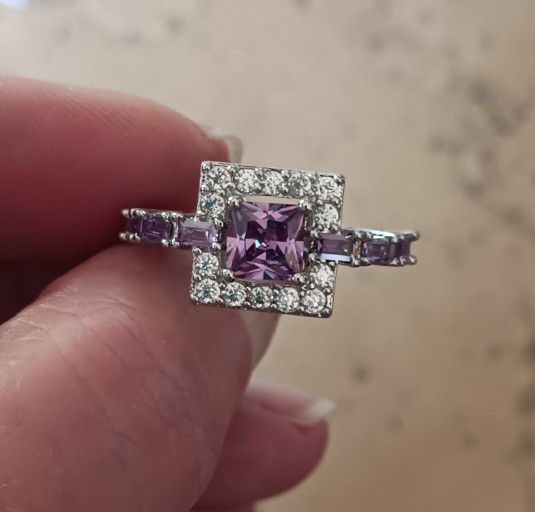 New - Amethyst and Zircon 925 Silver Ring - Size 6, 7, 8 or 9