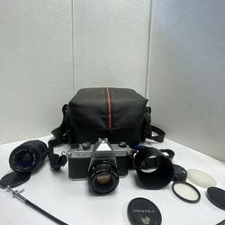 Asahi Pentax K1000 35mm SLR Film Camera Bundle w/ SMC 1:2 50mm Lens Case Tested