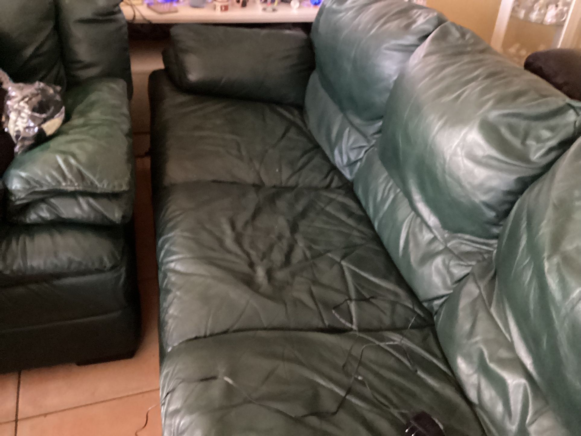 Forest Green Real Leather Sofa And Live Seat Set