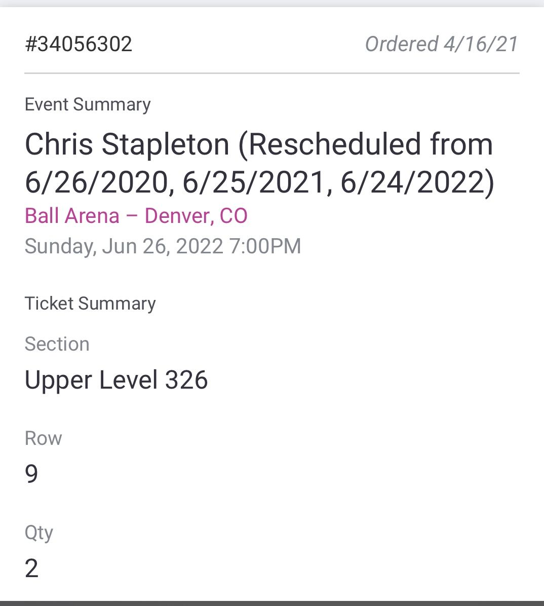 Chris Stapleton Tix 6/26 $120 Each