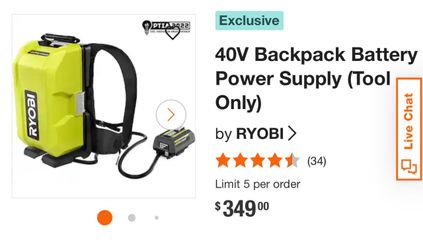 Ryobi 40V Backpack Battery Power Supply
