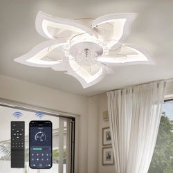 27" Floral Ceiling Fan with LED Light and Remote White Flush Mount Low Profile Indoor