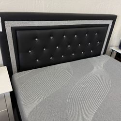 Black Leather Diamond Tufted Platform Bed Frame 